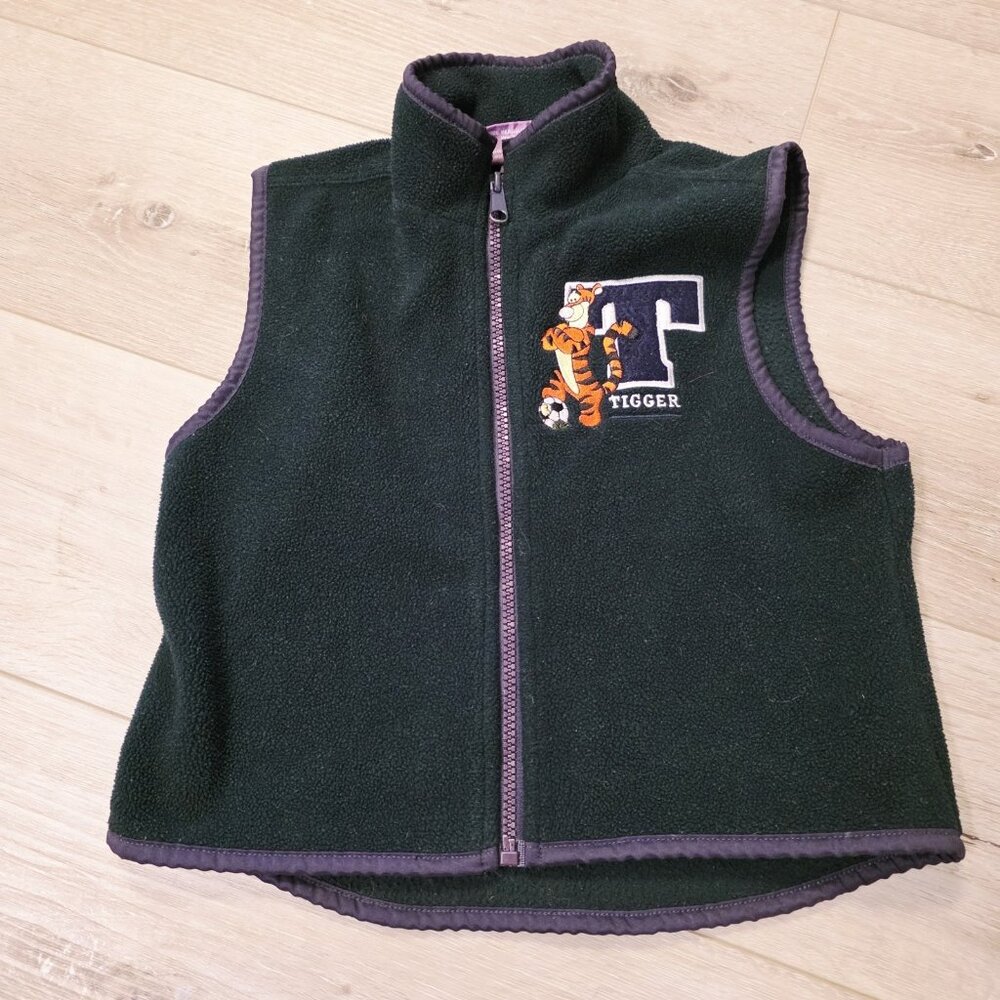 Vtg 90s Y2K Disney Pooh Tiger Embroidered Green Fleece Zip Up Vest Toddler Sz 4